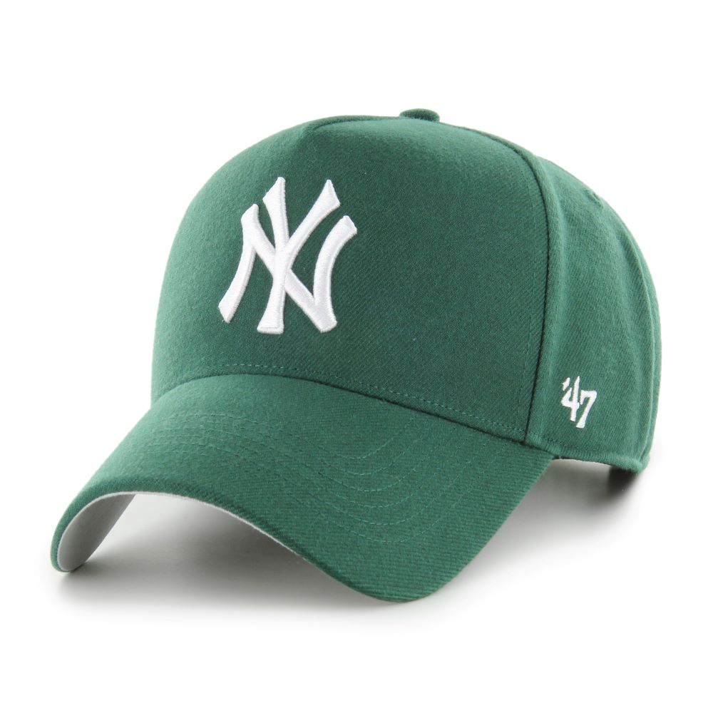 Green baseball cap with white New York Yankees logo embroidered on front peak
